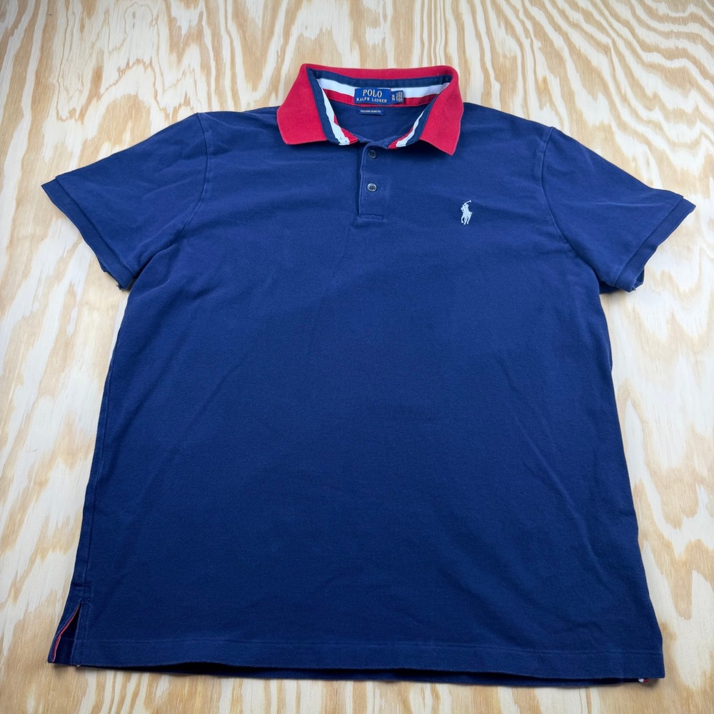 Polo Ralph Lauren Mens XL Custom Slim Fit Navy Blue Red Collar Polo Shirt